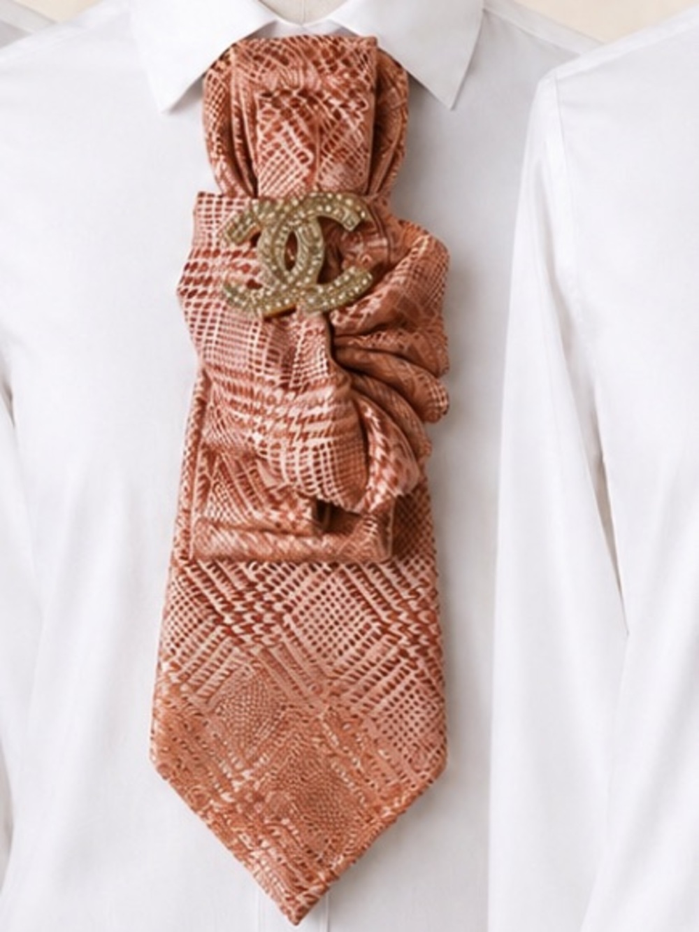 Women's Orange Plaid Tie with Pearl Accent